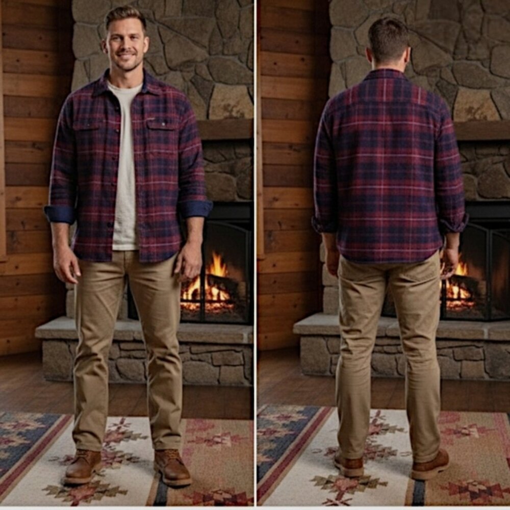 New ORVIS Thick Burgundy + Blue Premium Plaid Flannel Over Shirt - Picture 2 of 15